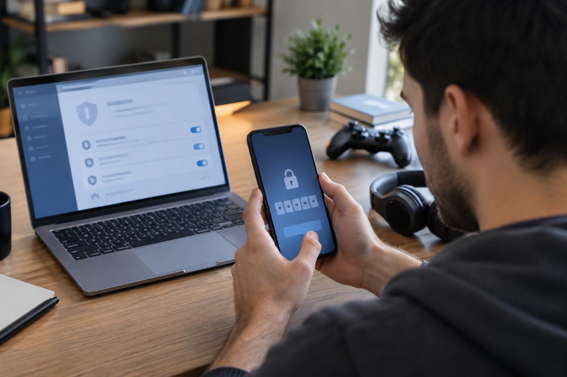 adult gamer reviewing account security settings